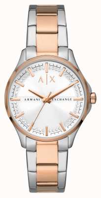Armani Exchange Dames | wijzerplaat met witte kristallen | tweekleurige roestvrijstalen armband AX5258