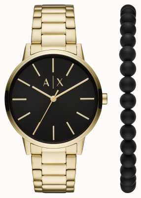 Armani Exchange Herenhorloge en armband cadeauset | gouden roestvrijstalen horloge | zwarte kralen armband AX7119