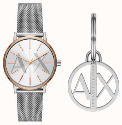 Armani Exchange Dames | horloge en sleutelhanger cadeauset | stalen mesh armband AX7130SET