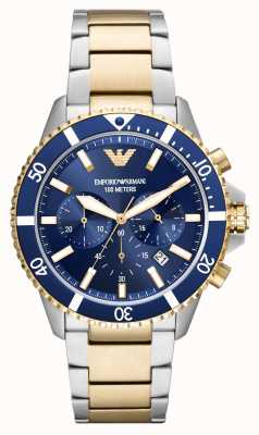 Emporio Armani Heren | blauwe chronograaf wijzerplaat | tweekleurige roestvrijstalen armband AR11362