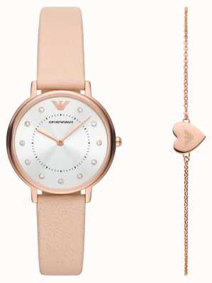 Emporio Armani Cadeauset voor dames | horloge met roze leren band | rosé gouden armband AR80058