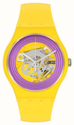 Swatch Paarse ringen gele skeleton wijzerplaat horloge SO29J100