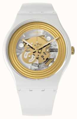 Swatch Gouden ringen horloge met witte skelet wijzerplaat SO29W107