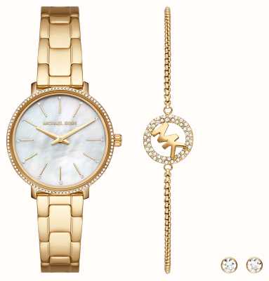 Michael Kors Pyper parelmoer gouden horloge bijpassende armband en oorbellen MK1065SET