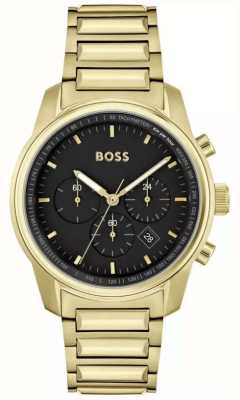 BOSS Herenspoor | zwarte chronograaf wijzerplaat | gouden roestvrijstalen armband 1514006