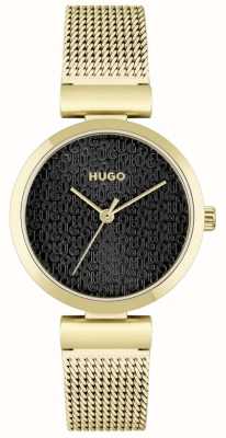 HUGO Dames #sweet | vergulde mesh armband | zwarte wijzerplaat 1540129