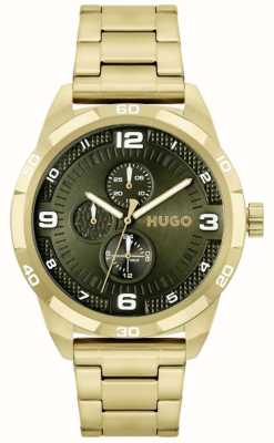 HUGO Heren #grip | groene wijzerplaat | gouden roestvrijstalen armband 1530277
