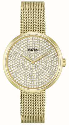 BOSS Vrouwen lof | wijzerplaat met gouden kristallen | gouden stalen mesh armband 1502659